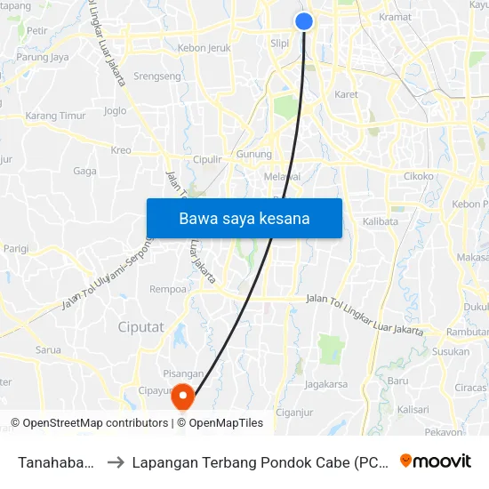 Tanahabang to Lapangan Terbang Pondok Cabe (PCB) map