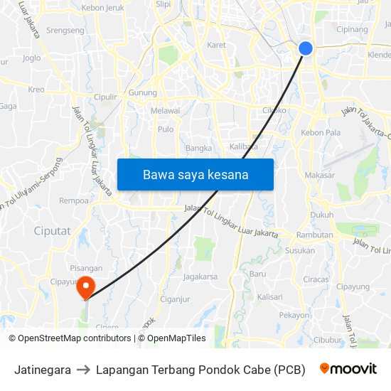 Jatinegara to Lapangan Terbang Pondok Cabe (PCB) map