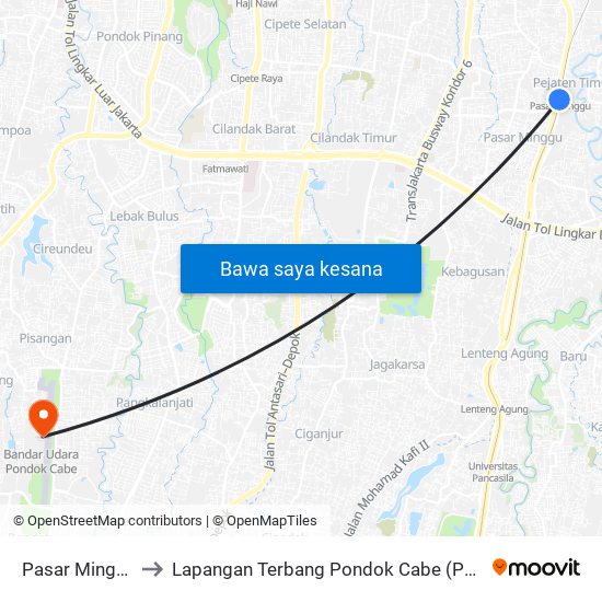 Pasar Minggu to Lapangan Terbang Pondok Cabe (PCB) map