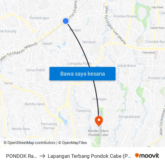 PONDOK Ranji to Lapangan Terbang Pondok Cabe (PCB) map