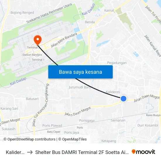 Kalideres to Shelter Bus DAMRI Terminal 2F Soetta Airport map