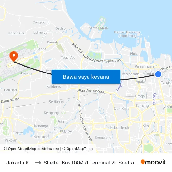 Jakarta Kota to Shelter Bus DAMRI Terminal 2F Soetta Airport map