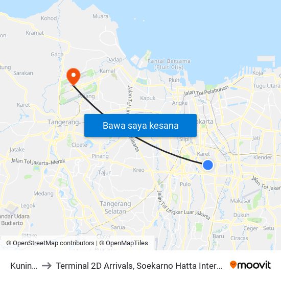 Kuningan to Terminal 2D Arrivals, Soekarno Hatta International Airport. map