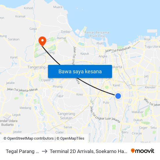 Tegal Parang Arah Timur to Terminal 2D Arrivals, Soekarno Hatta International Airport. map