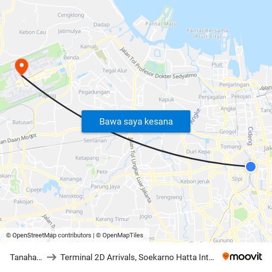 Tanahabang to Terminal 2D Arrivals, Soekarno Hatta International Airport. map