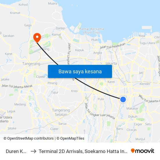 Duren Kalibata to Terminal 2D Arrivals, Soekarno Hatta International Airport. map