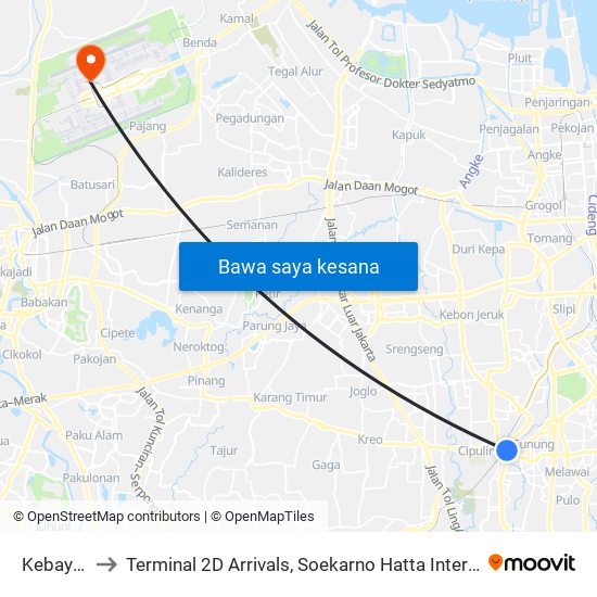 Kebayoran to Terminal 2D Arrivals, Soekarno Hatta International Airport. map