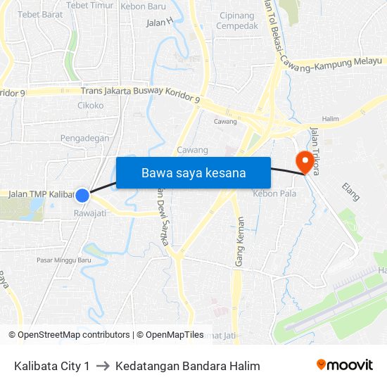 Kalibata City 1 to Kedatangan Bandara Halim map