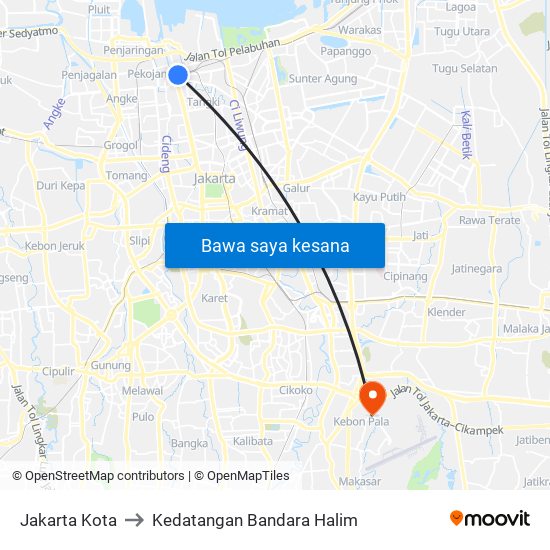 Jakarta Kota to Kedatangan Bandara Halim map