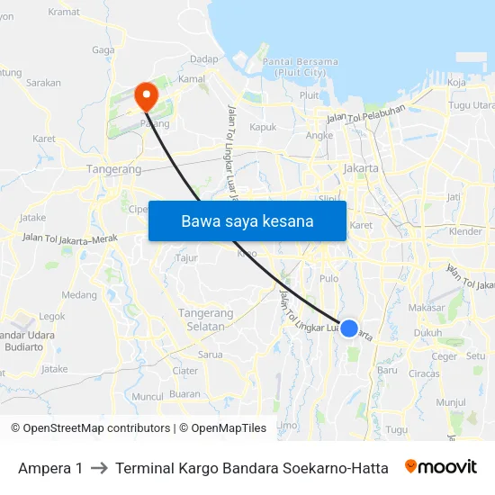 Ampera 1 to Terminal Kargo Bandara Soekarno-Hatta map