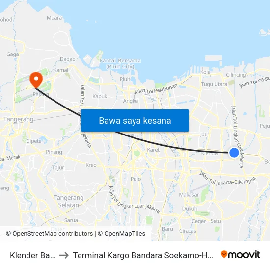 Klender Baru to Terminal Kargo Bandara Soekarno-Hatta map