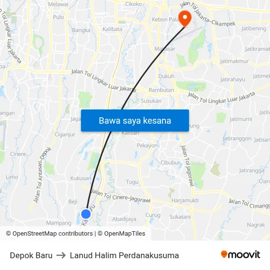Depok Baru to Lanud Halim Perdanakusuma map
