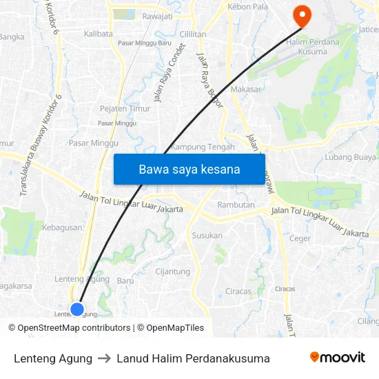 Lenteng Agung to Lanud Halim Perdanakusuma map