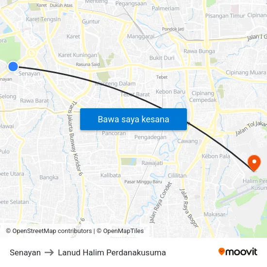 Senayan to Lanud Halim Perdanakusuma map