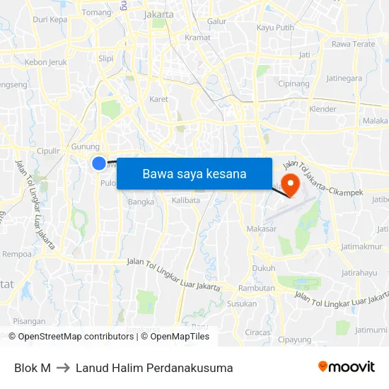 Blok M to Lanud Halim Perdanakusuma map
