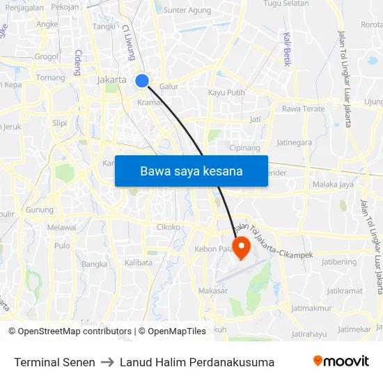 Terminal Senen to Lanud Halim Perdanakusuma map