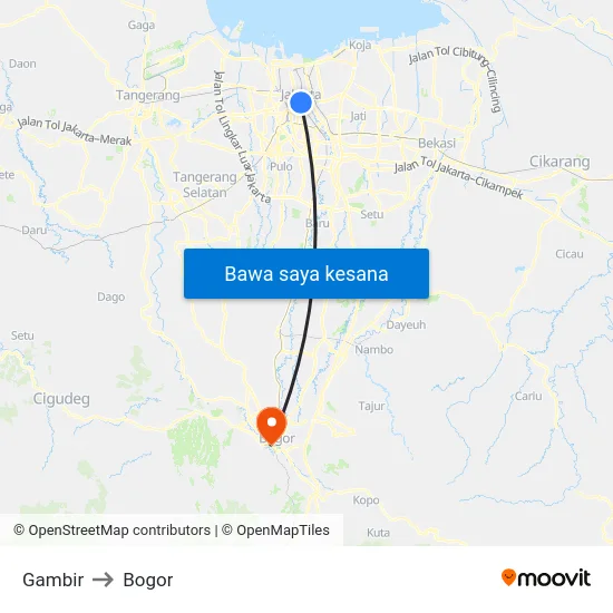 Gambir to Bogor map