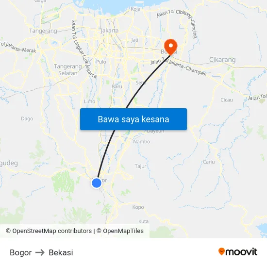 Bogor to Bekasi map