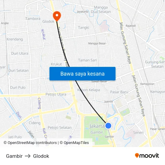 Gambir to Glodok map
