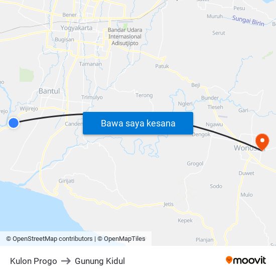 Kulon Progo to Gunung Kidul map