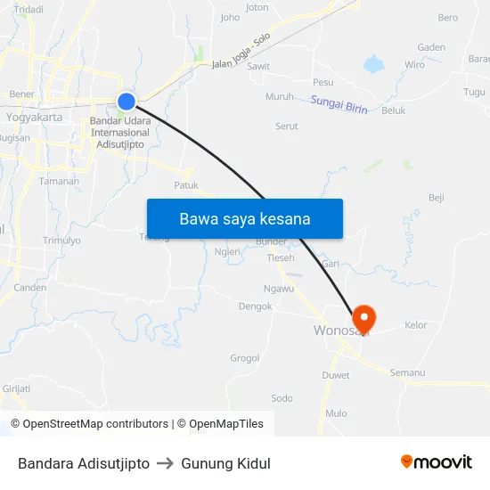Bandara Adisutjipto to Gunung Kidul map