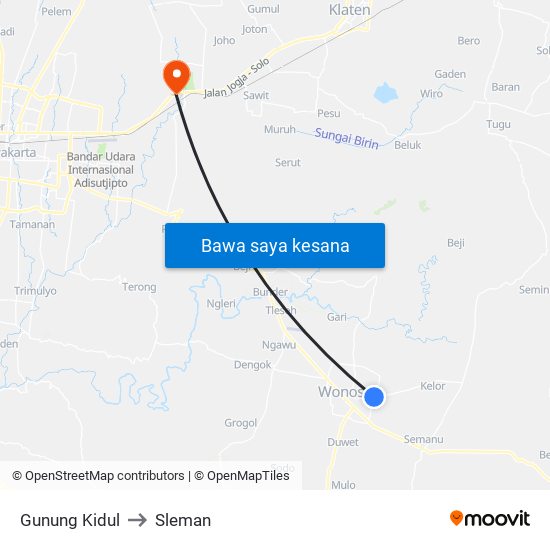 Gunung Kidul to Sleman map