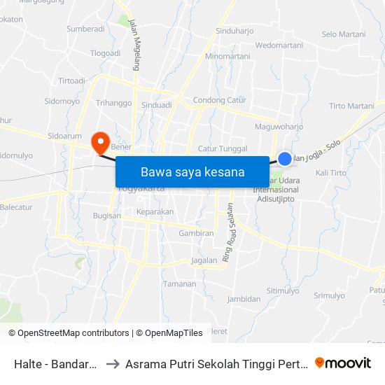 Halte - Bandara Adisutjipto to Asrama Putri Sekolah Tinggi Pertanahan Nasional (STPN) map