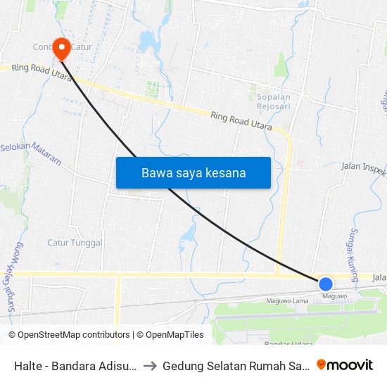 Halte - Bandara Adisutjipto to Gedung Selatan Rumah Sakit Jih map