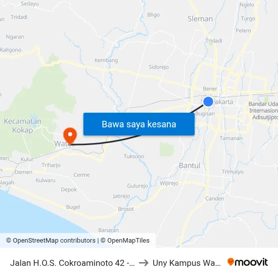Jalan H.O.S. Cokroaminoto 42 - 46 to Uny Kampus Wates map