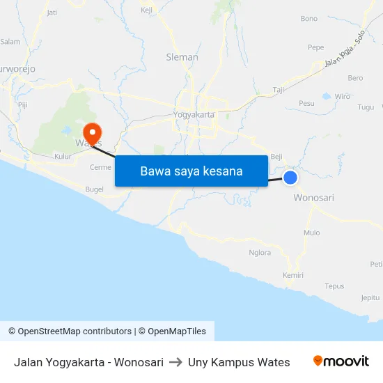 Jalan Yogyakarta - Wonosari to Uny Kampus Wates map