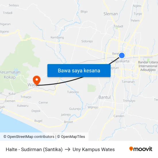 Halte - Sudirman (Santika) to Uny Kampus Wates map
