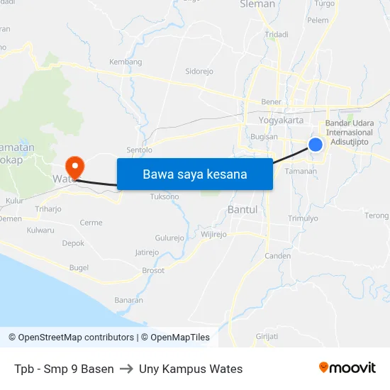 Tpb - Smp 9 Basen to Uny Kampus Wates map