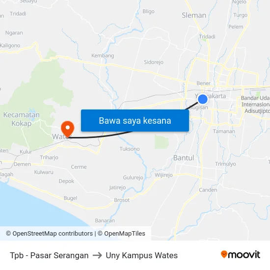 Tpb - Pasar Serangan to Uny Kampus Wates map