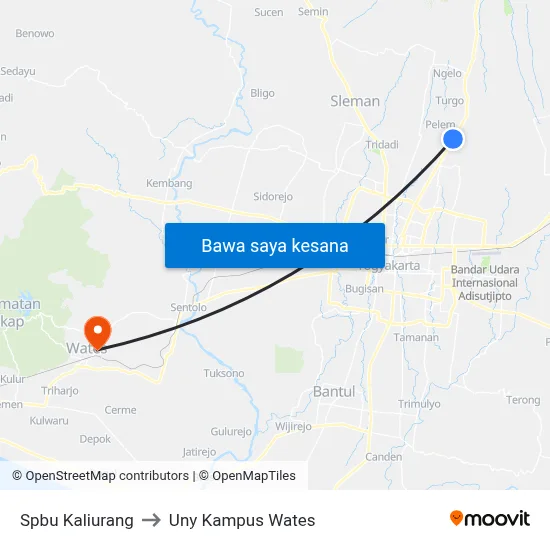 Spbu Kaliurang to Uny Kampus Wates map