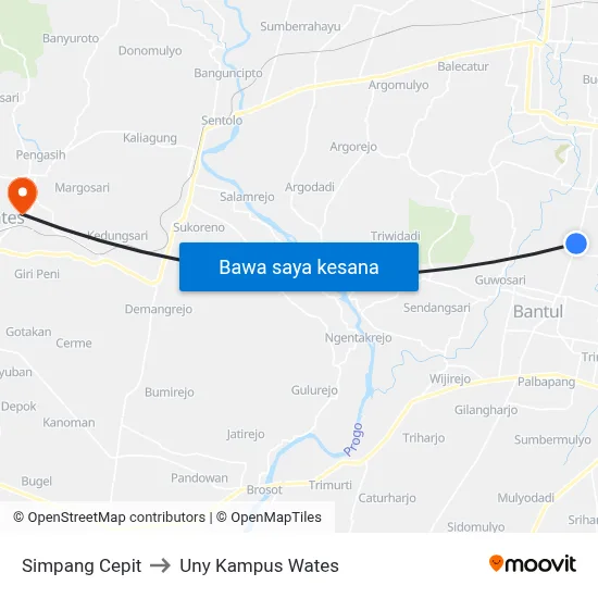Simpang Cepit to Uny Kampus Wates map