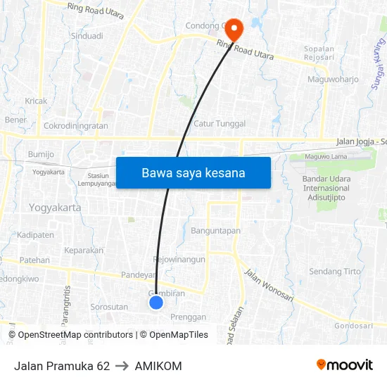 Jalan Pramuka 62 to AMIKOM map