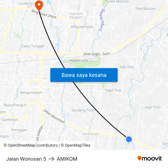 Jalan Wonosari 5 to AMIKOM map