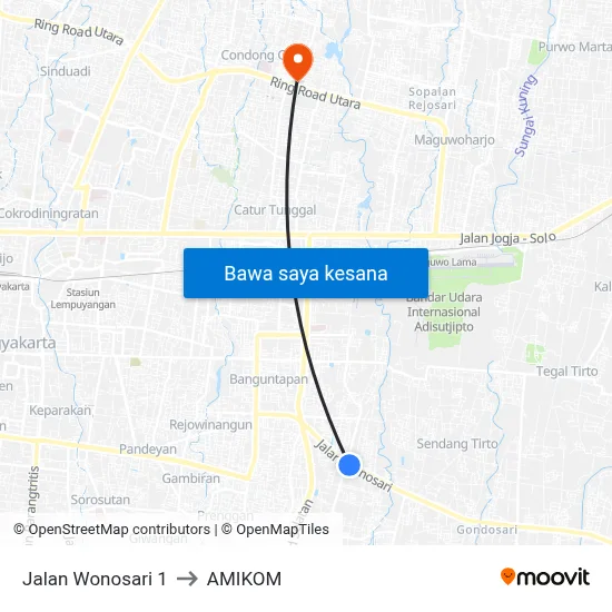 Jalan Wonosari 1 to AMIKOM map