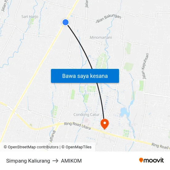 Simpang Kaliurang to AMIKOM map