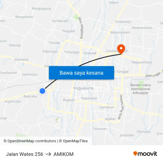 Jalan Wates 256 to AMIKOM map