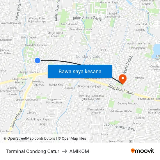 Terminal Condong Catur to AMIKOM map