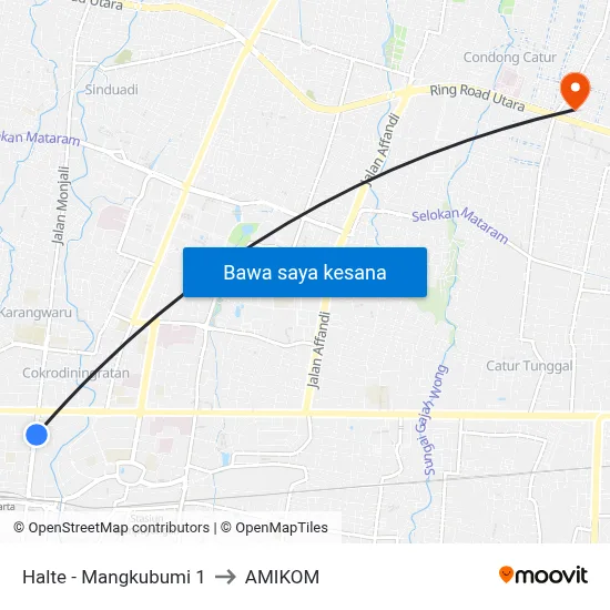 Halte - Mangkubumi 1 to AMIKOM map