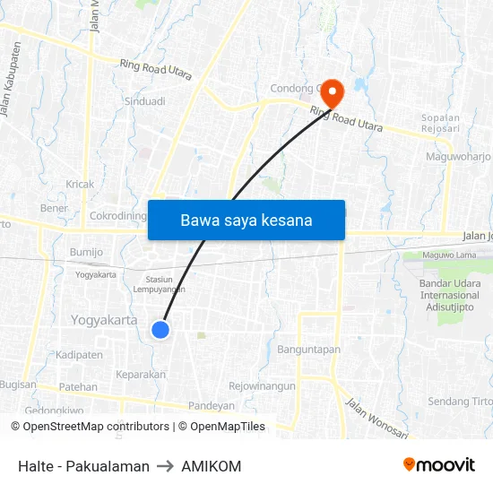 Halte - Pakualaman to AMIKOM map