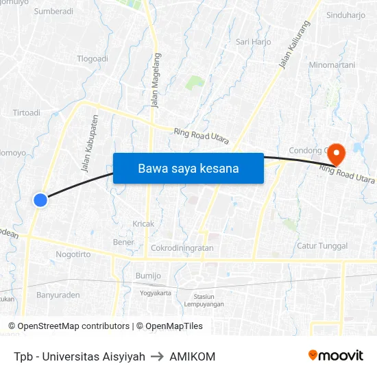 Tpb - Universitas Aisyiyah to AMIKOM map