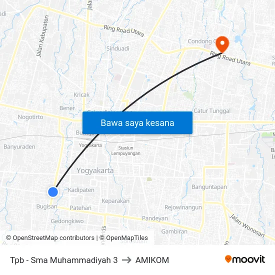Tpb - Sma Muhammadiyah 3 to AMIKOM map