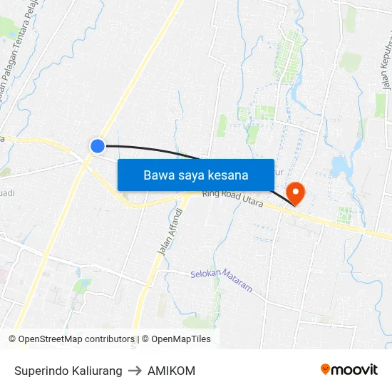 Superindo Kaliurang to AMIKOM map