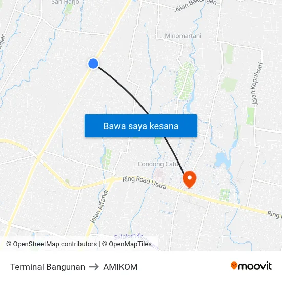 Terminal Bangunan to AMIKOM map