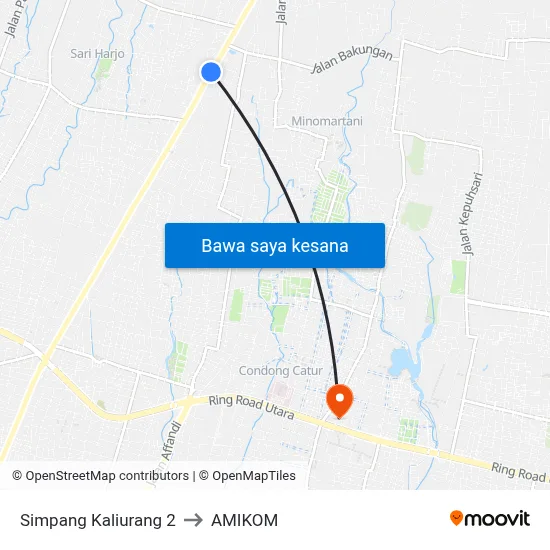 Simpang Kaliurang 2 to AMIKOM map