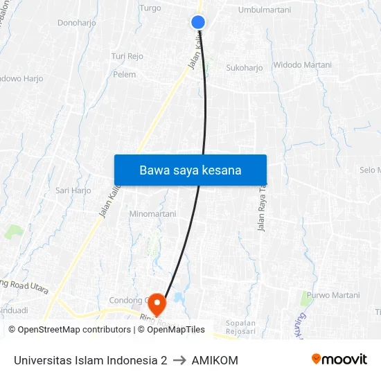 Universitas Islam Indonesia 2 to AMIKOM map