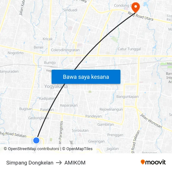 Simpang Dongkelan to AMIKOM map